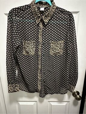 VENUS Black sheer Blouse with Beige Polka Dots and Leopard Trim